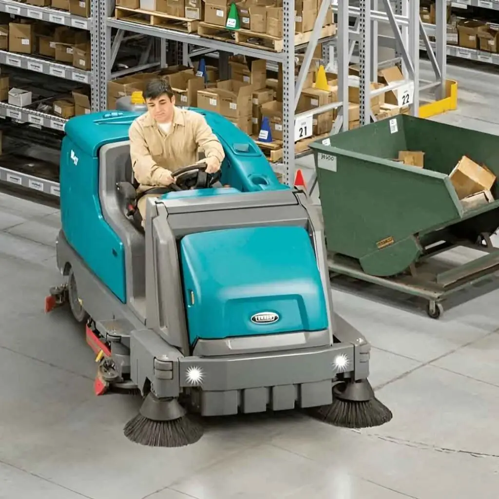 Ride-on scrubber cleaning a warehouse floor